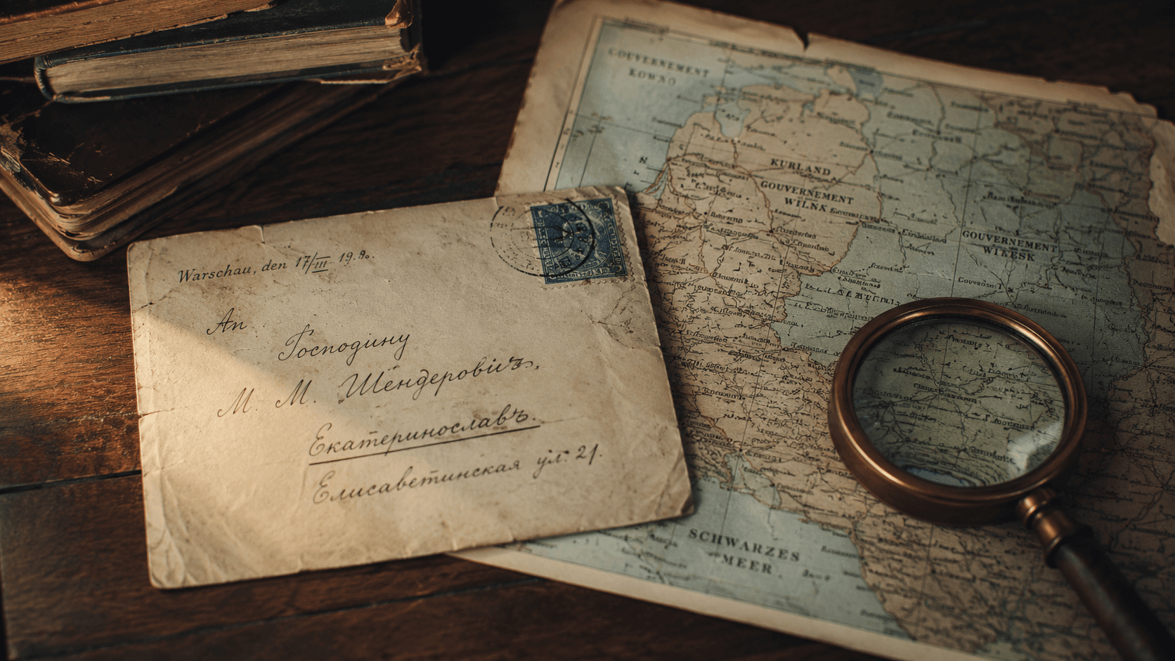 A faded Cyrillic-addressed envelope resting beside an old map of the Eastern European border region, magnifying glass on the map