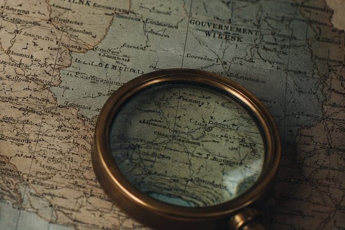 An old map of Eastern Europe under a brass magnifying glass