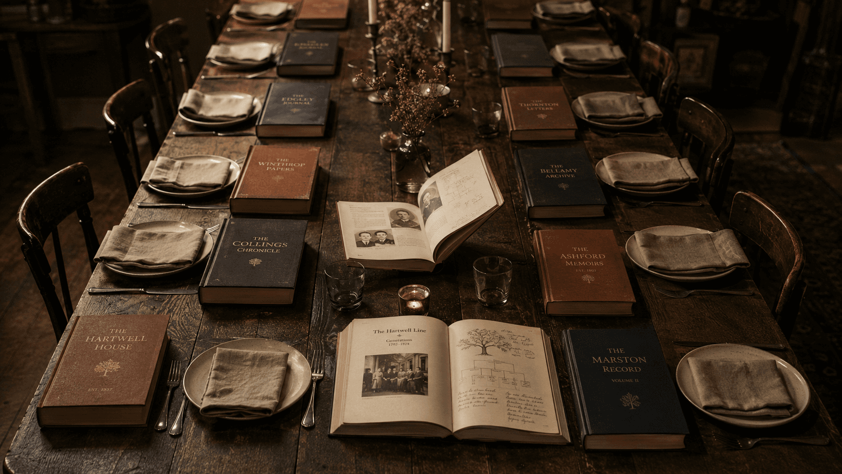 A LONG TABLE · TWELVE PLACE SETTINGS · A BOOK AT EACH
