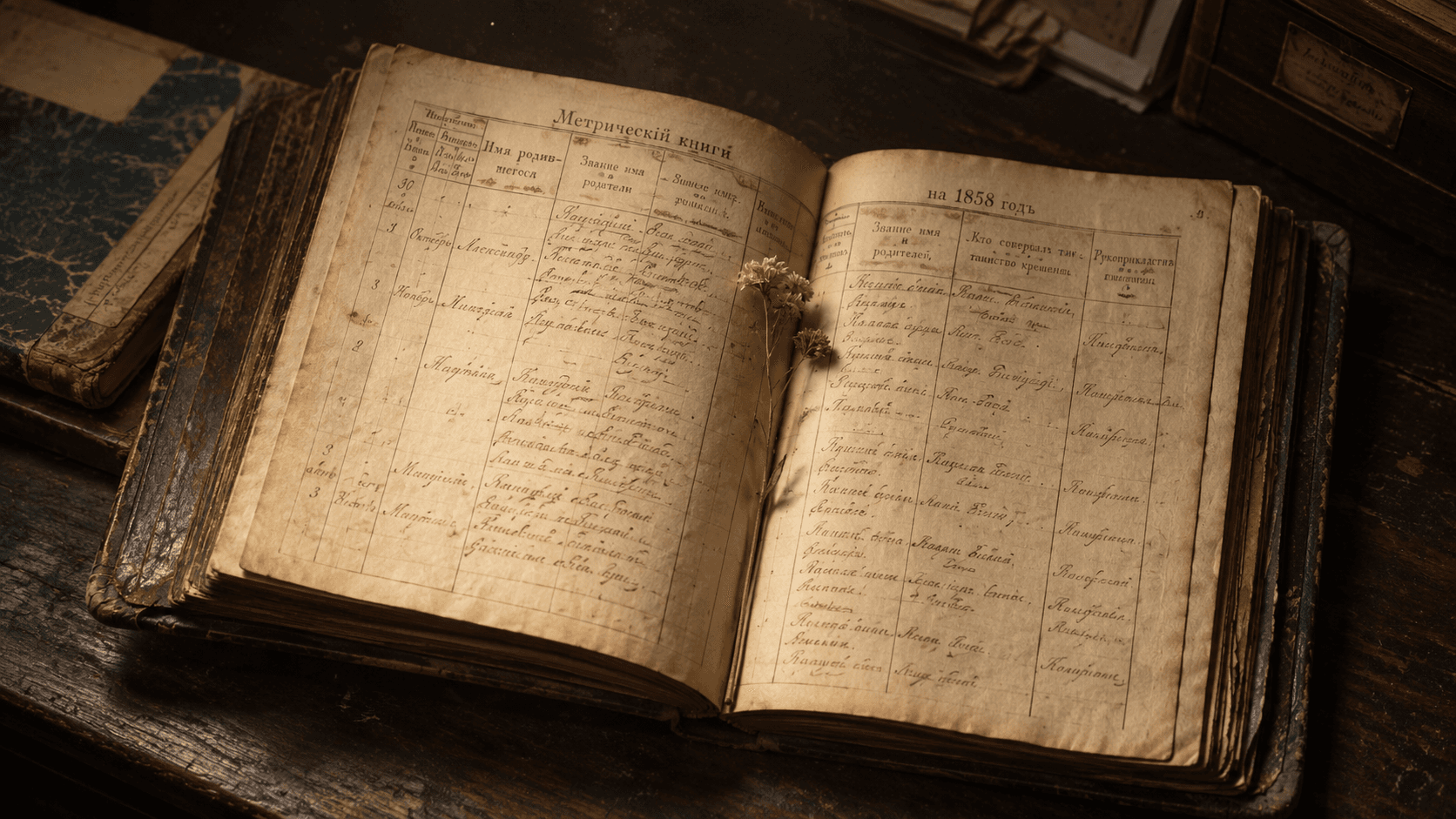 Weathered leather-bound 19th-century parish register open on a dark wood archive table, Cyrillic entries in iron-gall ink